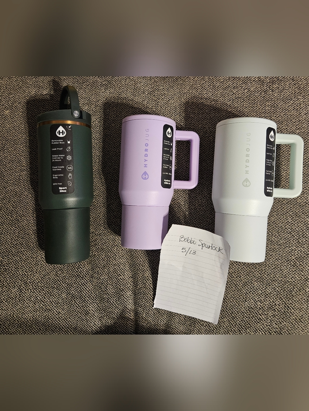 HydroJug Trio Travel Mugs — Pine Green, Lavender, Beryl